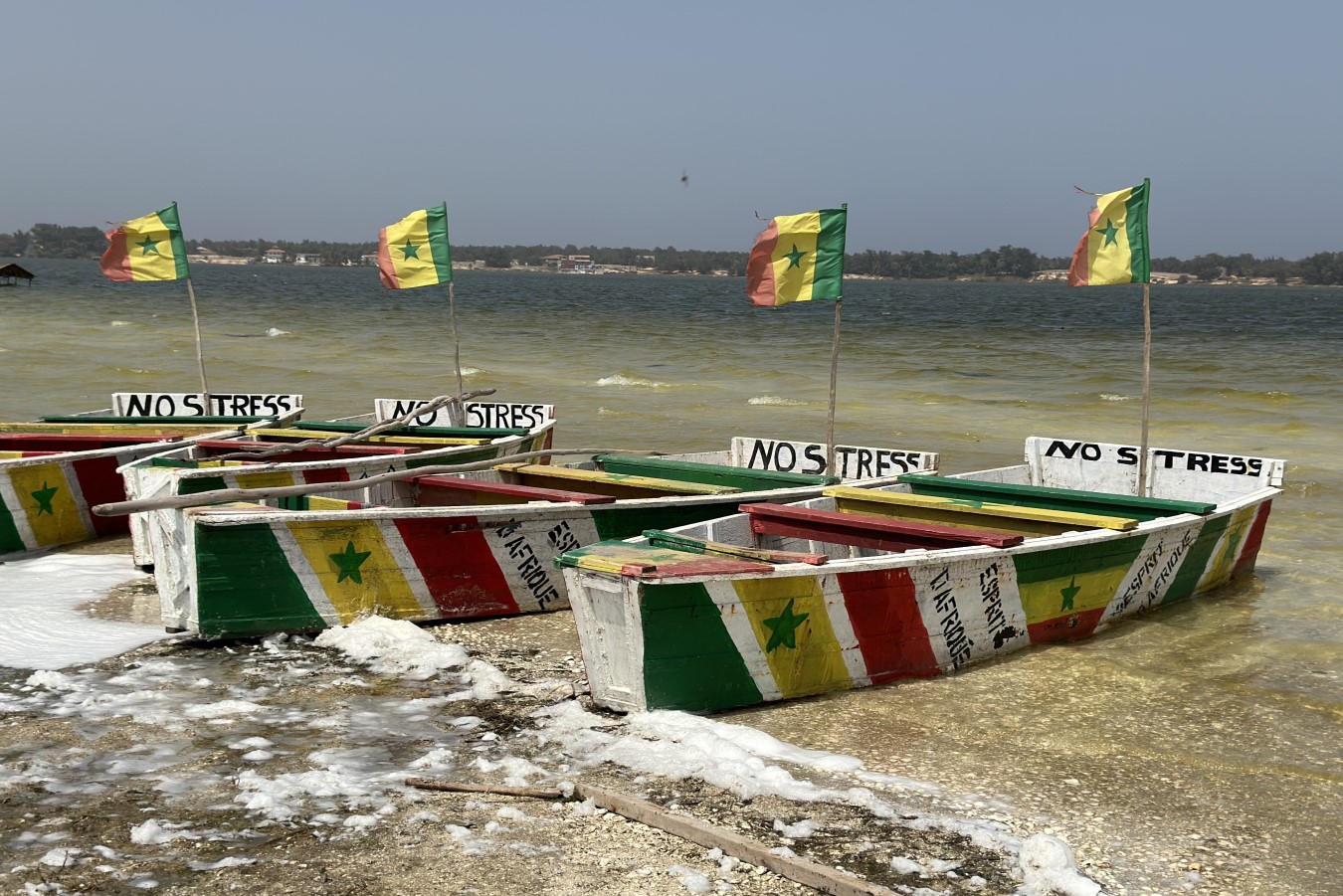 Barcas para navegar por el Lago Rosa pintadas con la bandera de Senegal